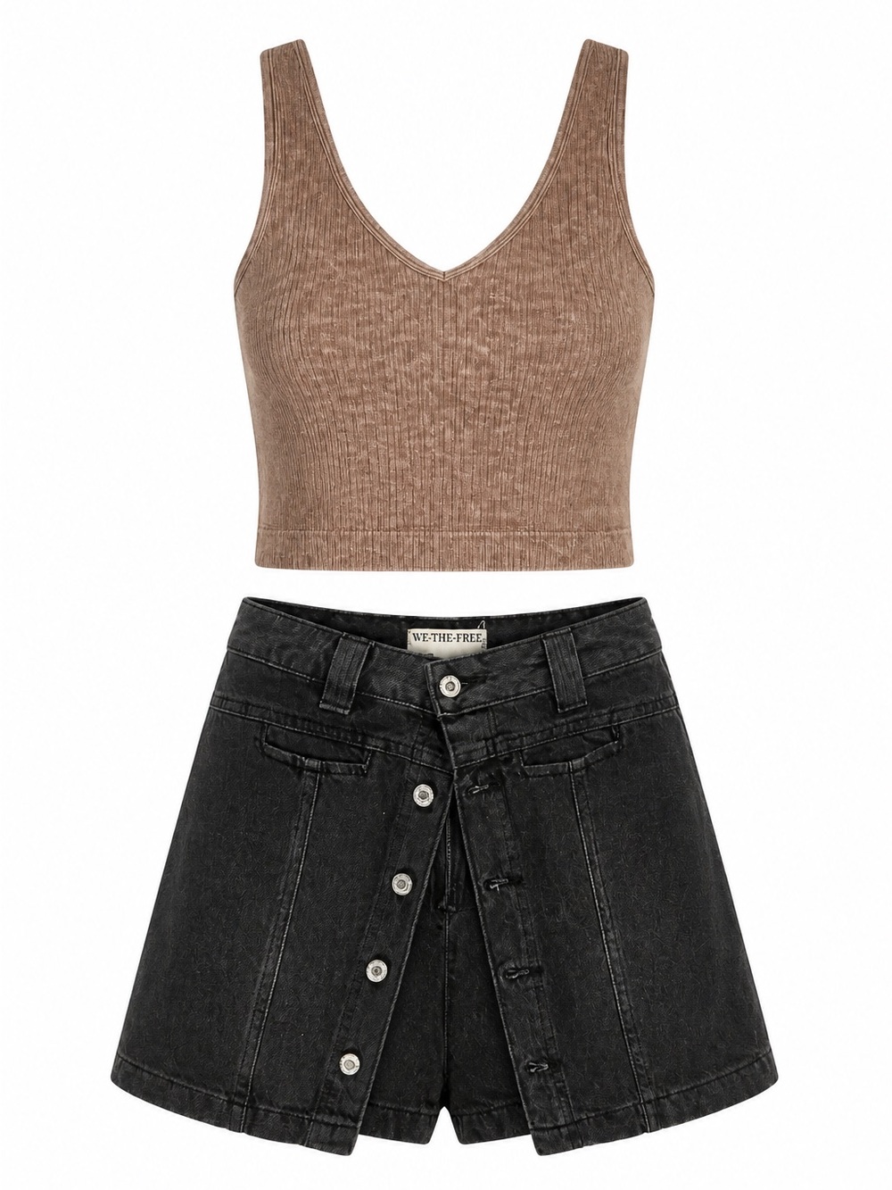 We The Free Brown Ribbed Crop Top with Black Denim Skort